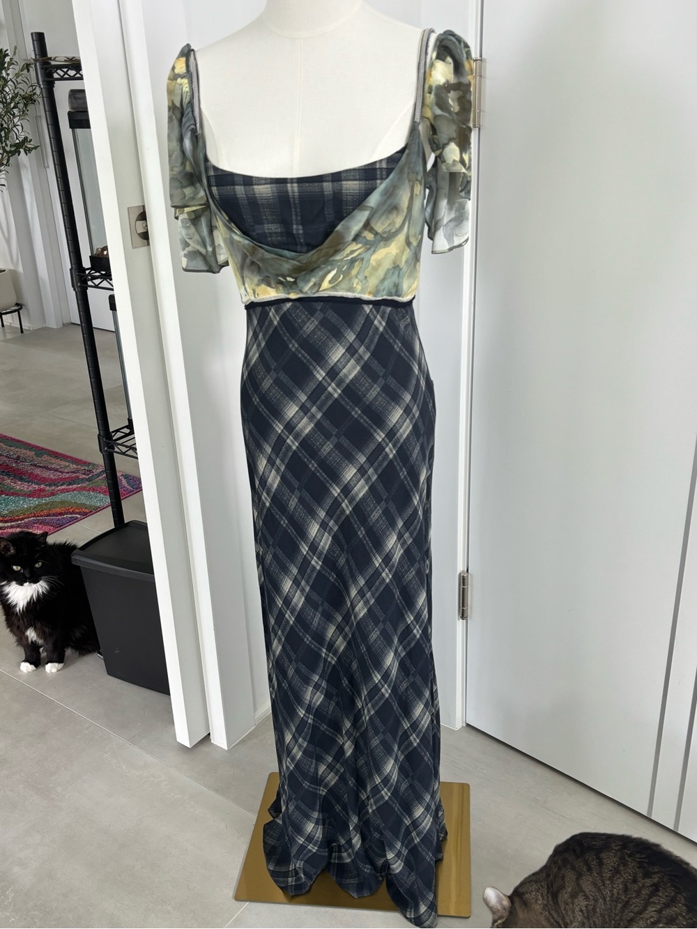 Zara Navy Plaid Maxi Dress with Olive Sheer Overlay - Picture 2 of 8